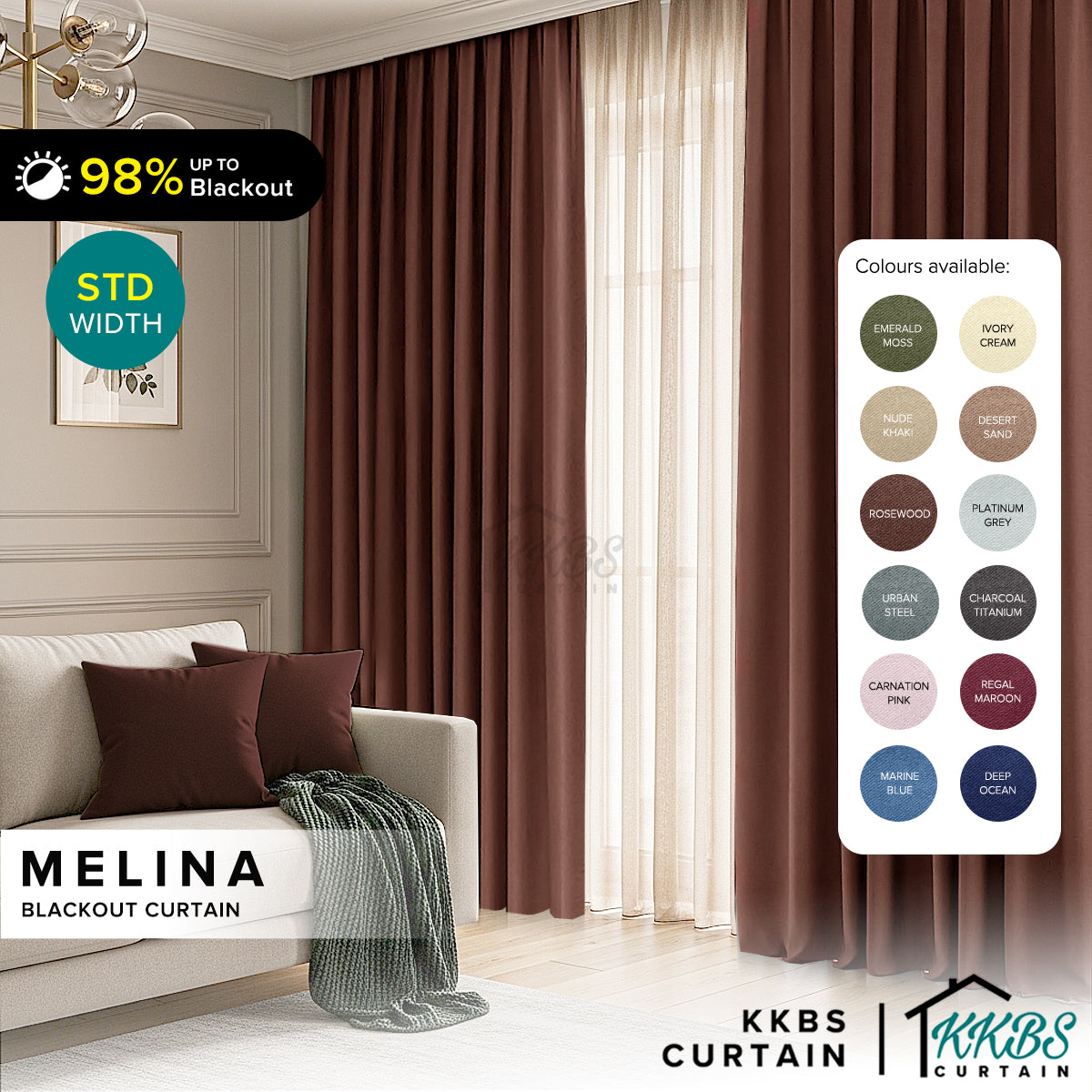 Melina 90-98% Blackout Curtain Ready Made Hook & Eyelet - Std Width