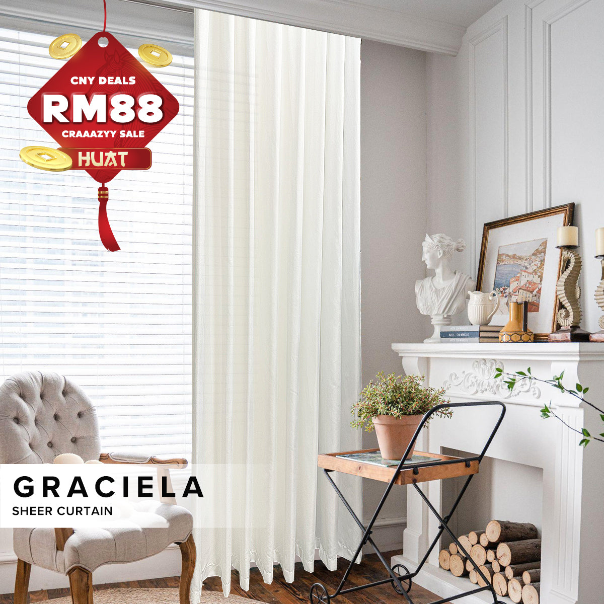 [RM88 HUAT HUAT DEALS] Graciela Privacy Sheer Curtain Ready Made